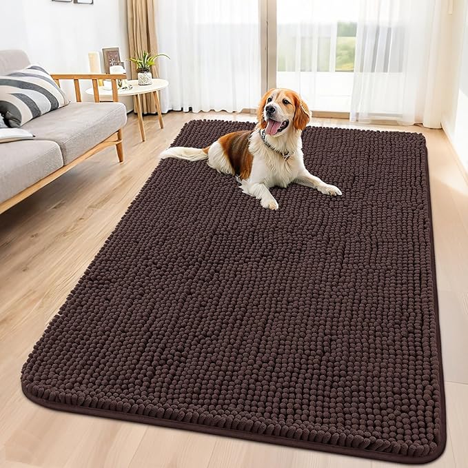 Smiry Dog Door Mat for Muddy Paws 59x32, Absorbs Moisture and Dirt Doormat, Non-Slip Washable Quick Dry Chenille Front Door Mat Indoor Entrance, Entryway Carpet for Inside Floor, Brown