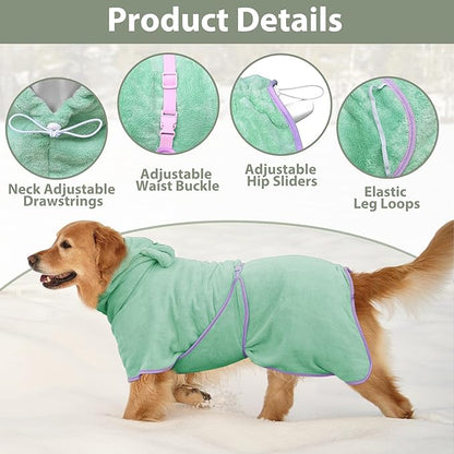 Dog Bathrobe Super Absorbent Towel Robe - Microfiber Bath Towels Fast Drying Coat for Dogs, Cute Dogs Clothes Adjustable Collar & Belly Strap Warm Keeping Hooded Dog Towel (Light Green, Small)