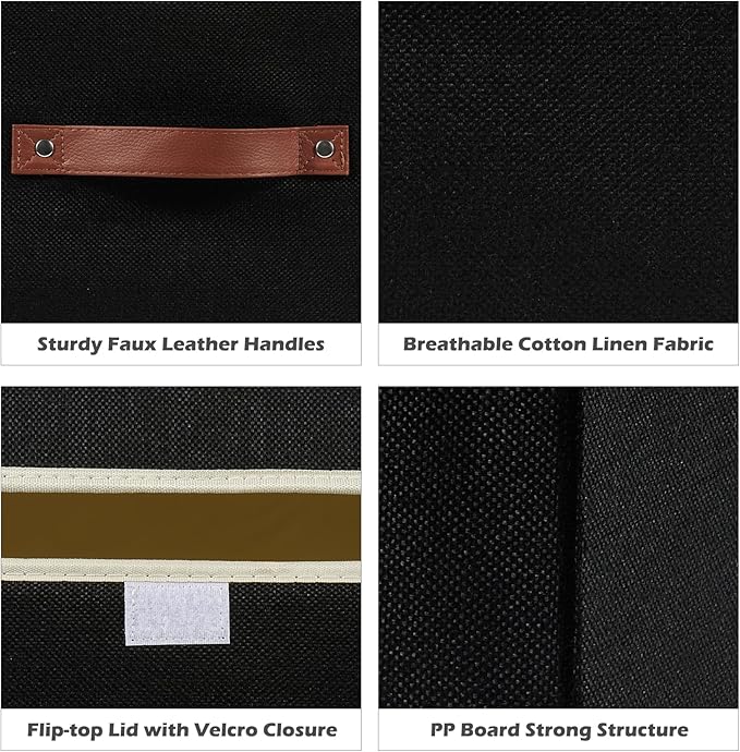 2PCS Storage Boxes with Lid Cotton Linen Fabric Storage Bins Organizer Container Decorative Collapsible Washable Shelf Closet Baskets Faux Leather Handles Home Bedroom (Black, Large Size)