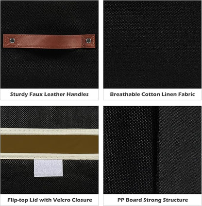 Storage Boxes with Lid Cotton Linen Fabric Storage Bins Organizer Container Decorative Collapsible Washable Shelf Baskets Faux Leather Handles for Home Bedroom Closet (Black, Large Size)