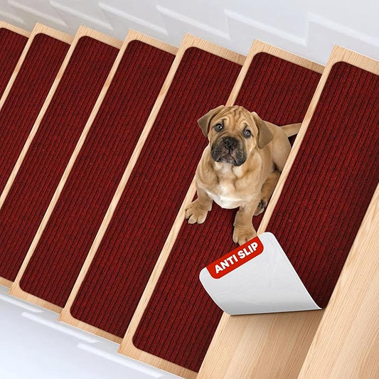 MBIGM 8" X 30" (15 in Pack) Non-Slip Carpet Stair Treads Non-Skid Safety Rug Slip Resistant Indoor Runner for Kids Elders & Pets w/Reusable Adhesive Red Anti-Slip Stair Strips - Washable Stair Treads