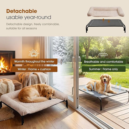 Elevated Dog Bed with Removable Bolster Cushion Mat, Raised Pet Cot for Extra Large Sized Dogs with Breathable & Washable Mesh, Indoor & Outdoor Pet Hammock with Skid-Resistant Feet.