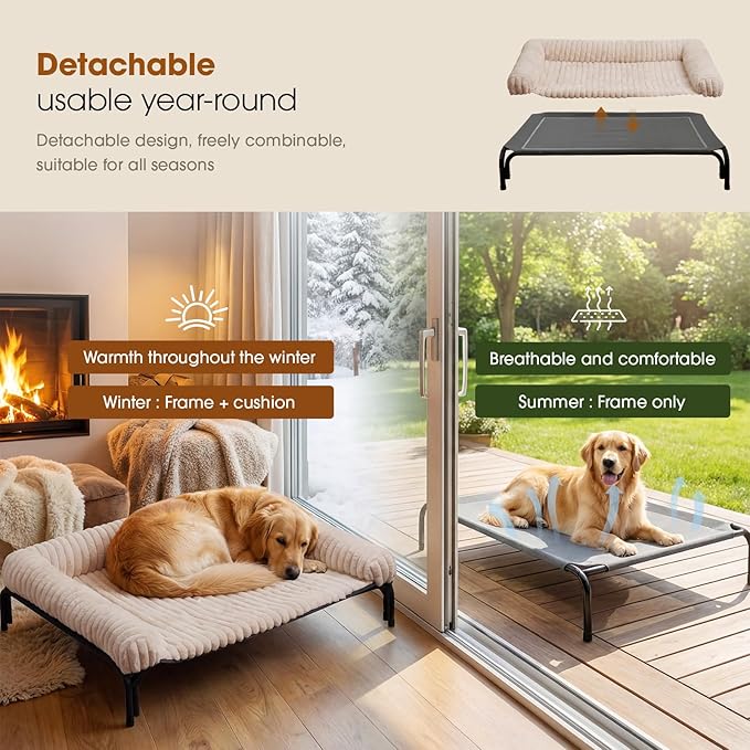 Elevated Dog Bed with Removable Bolster Cushion Mat, Raised Pet Cot for Large Sized Dogs with Breathable & Washable Mesh, Indoor & Outdoor Pet Hammock with Skid-Resistant Feet.