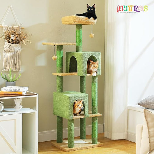 MUTTROS Cactus Cat Tree, 62-Inch Tall Multi-Level Cat Tower with Scratching Posts, Cat Condos for Large Indoor Cats, Plush Cat Bed w/Padded Perches, Scratching Pad & 2 Green Pompoms, Green
