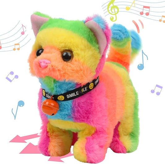 Hopearl Walking Cat Interactive Electronic Pet Plush Kitty Toy with Sounds and Movements Animated Meow Shake Head Wiggle Tail Gifts for Toddlers Birthday, Rainbow, 7''