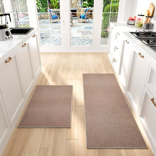 Kitchen Mat Set of 2 PCS, Cushioned Non Slip Rugs for Kitchen Floor, Absorbent Runner Comfort Standing Mats Washable for Kitchen, Office, Home (Brown-Velvet, 17.3"x47"+17.3"x30")