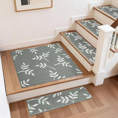 Carpet Stair Treads, Non-Slip Landing Mat for Wooden Steps Indoor, 30"x 30" Peel and Stick Soft Stair Rugs for Pets Non Skid Wood Staircase Step Treads Reusable, Grey
