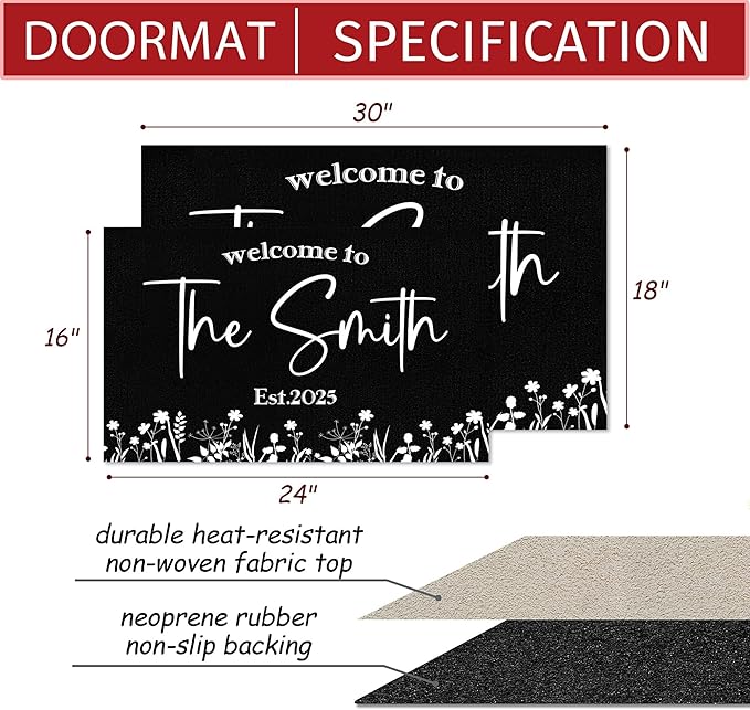 Custom Doormat with Family Name - Personalized Entryway Door Mat Front Door Mat for Outdoor Decor Entrance Mat Housewarming Gift with Anti-Slip Backing Design09