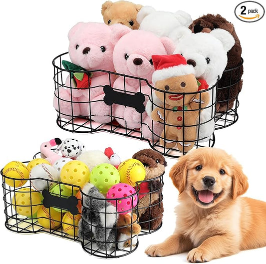 Vesici 2 Pack Metal Dog Toy Baskets Bone Shaped Dog Toy Storage Bins Container for Living Room Pet Chew Toys Chest Organizer Holder 16 x 12 x 6 Inch &15 x 11 x 6 Inch