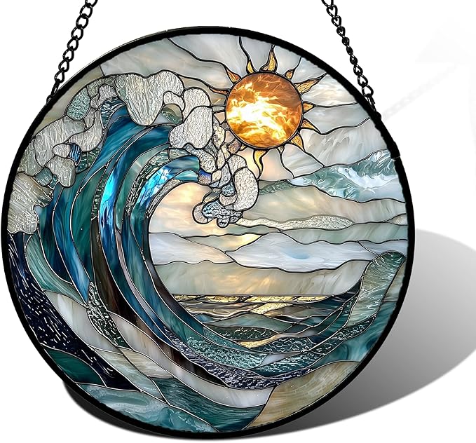Stained Glass Window Hanging, Blue Night Moon Lake Sun Catchers Colorful Glass Panel Landscape Suncatcher Decor for Birthday for Women, Men, Wife, Aunt, and Mom 11.8x11.8 in