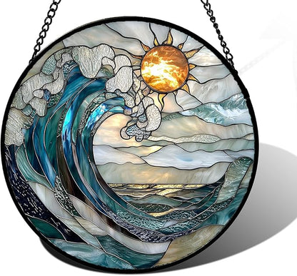 Stained Glass Window Hanging, Blue Night Moon Lake Sun Catchers Colorful Glass Panel Landscape Suncatcher Decor for Birthday for Women, Men, Wife, Aunt, and Mom 11.8x11.8 in