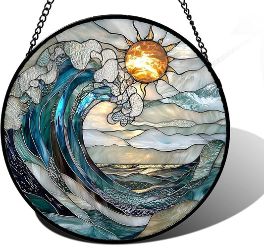 Stained Glass Window Hanging, Blue Night Moon Lake Sun Catchers Colorful Glass Panel Landscape Suncatcher Decor for Birthday for Women, Men, Wife, Aunt, and Mom 11.8x11.8 in