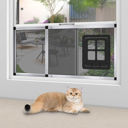 Ventilated Pet Door for Window 38"-44" Wide Adjustable, Silver Aluminum Frame + Stainless Steel Mesh | Breathable Bug-Proof | 4-Way Lock Magnetic Closure Cat Window Door,Cat Door for Window Insert