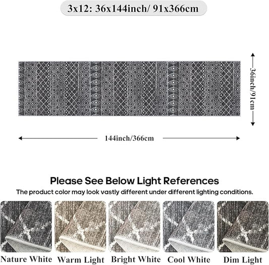 3x12 Runner Rug for Hallway - Long Kitchen Runner Machine Washable Non Slip Rug Runner Moroccan Floor Mat Low Pile Indoor Carpet for Bedroom Entryway 3x12 Black