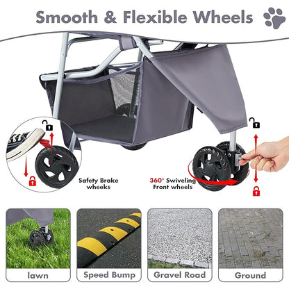 DUMOS 3 Wheels Pet Stroller for Small Dogs and Cats – Foldable Dog Stroller with Mesh Windows, Storage Basket & Cup Holder, Lightweight & Durable Pet Carrier for Travel, Outdoor Use – Grey