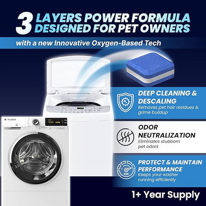 Washing Machine Cleaner Tablets for Pet Owners - Front & Top Load Washer Deep Cleaning - Septic Tank Safe - HE Support - Remove Stubborn Pet Hair - Eliminates Pet Smells - Prevents Pet Dander Build-up