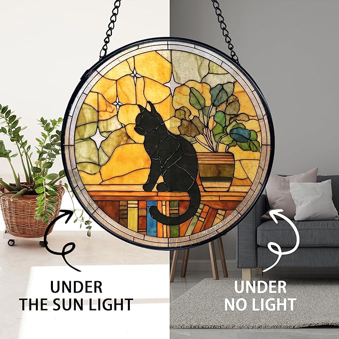 TNUW Black Cat Stained Glass Window Hanging, Black Cat Book Lovers Sun Catchers Indoor Window Glass Round Wall Art Decor, Book Lovers Gifts for Women Wall Hanging Decorations, 7.9＂x7.9＂