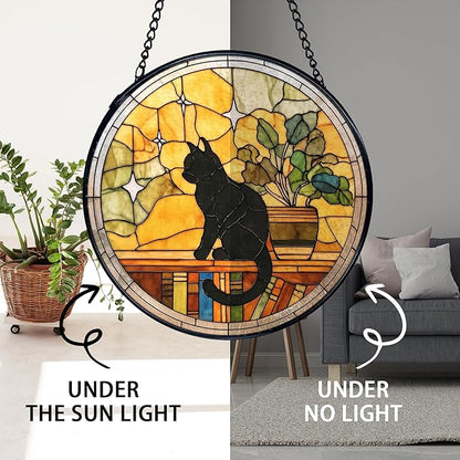 TNUW Black Cat Stained Glass Window Hanging, Black Cat Book Lovers Sun Catchers Indoor Window Glass Round Wall Art Decor, Book Lovers Gifts for Women Wall Hanging Decorations, 7.9＂x7.9＂