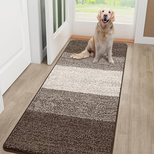 Smiry Dog Door Mat for Muddy Paws, Absorbs Moisture and Dirt, Low-Profile Entryway Mat with Non-Slip Backing, Entry Indoor Outdoor Doormat for Inside Floor (48x32 Inches, Light Brown, Striped)