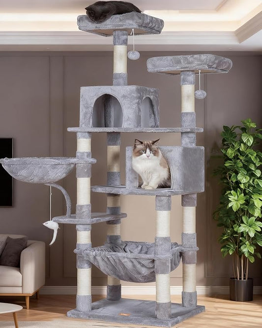 Heybly Cat Tree, 70 inches Tall Cat Tower Condo with Toy for Indoor Large Cats, Cat House Furniture with Padded Plush Perch, Cozy Hammock and Sisal Scratching Posts, Light Gray HCT032W