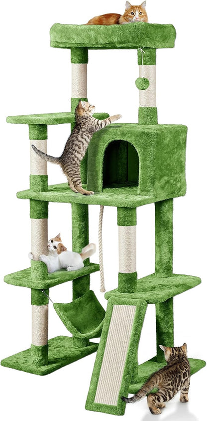Topeakmart 63in Cat Tree Cat Climbing Tower, Cat Activity Center w/Scratching Post Cozy Condo House Spacious Platform for Indoor Cats, Green