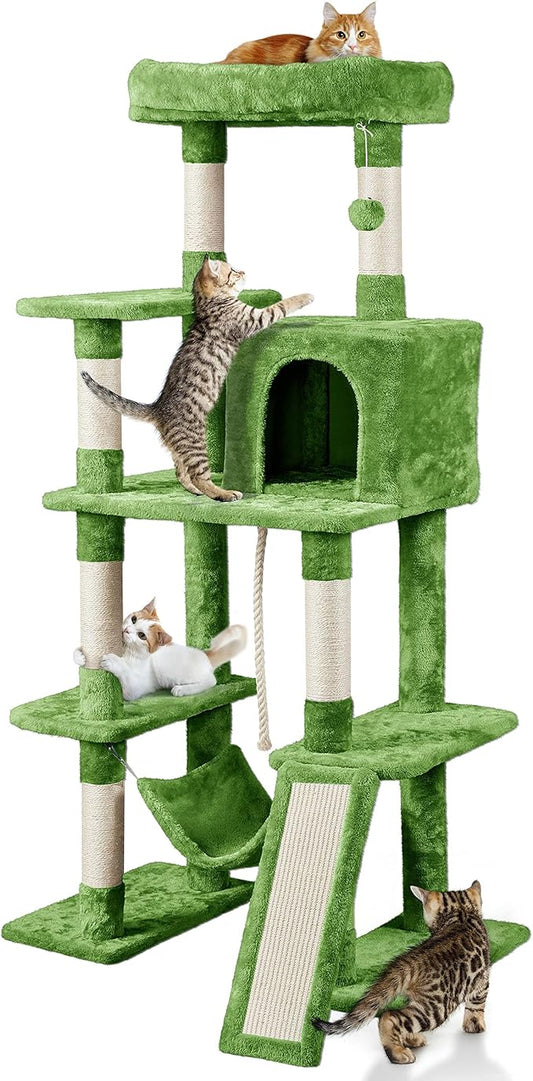 Topeakmart 63in Cat Tree Cat Climbing Tower, Cat Activity Center w/Scratching Post Cozy Condo House Spacious Platform for Indoor Cats, Green