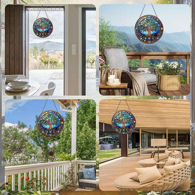 Tree of Life Stained Glass Window Hanging Gifts, 7.8″ Sun Catchers for Indoor Window Decor, Decorative Sun Catchers Home Wall Art Gift for Thanksgiving Christmas Housewarming
