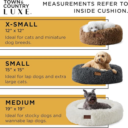 Town & Country Luxe CuddleTown Fuzzy Solid Donut Pet Bed, Soft, Cozy & Calming, Water Repellent, Non-Slip Bottom, 100% Machine Washable, Cream, Medium 28"x28"x7" Round