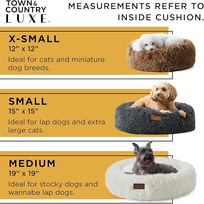 Town & Country Luxe CuddleTown Fuzzy Solid Donut Pet Bed, Soft, Cozy & Calming, Non-Slip Bottom, 100% Machine Washable, Brown, Small 24"x24"x7" Round