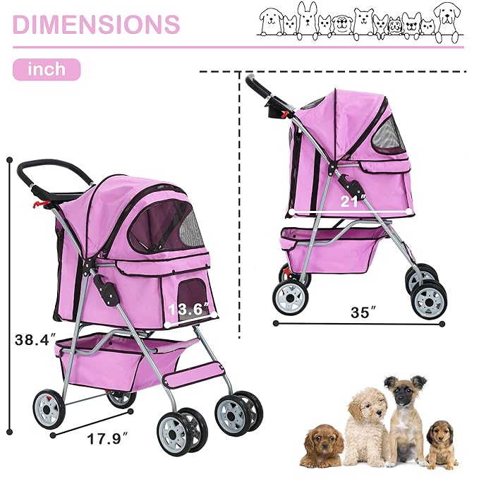 4 Wheels Pet Stroller Waterproof,Travel Stroller for Small Medium Dogs & Cats,Easy Fold with Removable Liner,Storage Basket,Pink