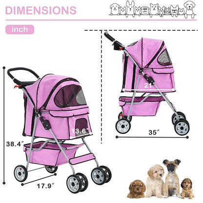 4 Wheels Pet Stroller Waterproof,Travel Stroller for Small Medium Dogs & Cats,Easy Fold with Removable Liner,Storage Basket,Pink