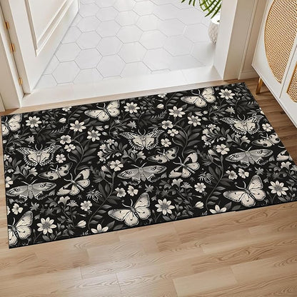 Moth Indoor Door Mat,Classic Vintage Goth Floor Doormat,17x29.5in,Non Woven Non Slip Rubber Backing Black White Floral Rug for Porch Insider,Bedroom,Kitchen,Doormats Gifts,Rv Camper Decor