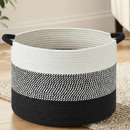 40L Large Cotton Rope Basket, Decorative Woven Blanket Storage for Living Room, Boho Toy Storage & Toy Box for Kids, Versatile Laundry Basket & Nursery Hamper for Blankets(Black)