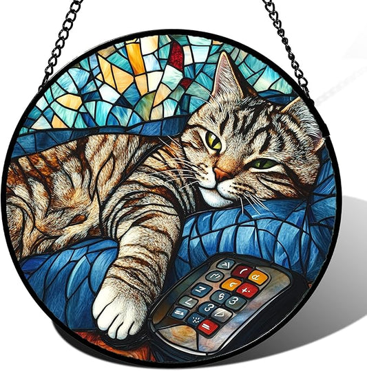 Stained Glass Window Hanging Gray Cat and Remote Control Large 15" - Suncatcher Door Garden Kitchen Sun Catcher Home Decor Birthday for Lost Pets Mom Men Woman Friend Grandma