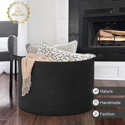 INDRESSME 115L Extra Large Cotton Rope Blanket Basket, Woven Storage for Living Room Toy Baskets Kids Baby Laundry Hamper for Dirty Clothes, Pillows, White & Black