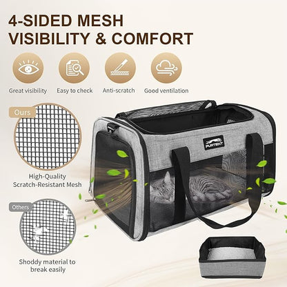 TSA Approved Pet Carrier for Small Cats and Puppies, Soft-Sided and Foldable, Cat and Dog Carrier Fits Pets Up to 15 lbs, Durable Portable Travel Bag with Litter Box, Dark Gray