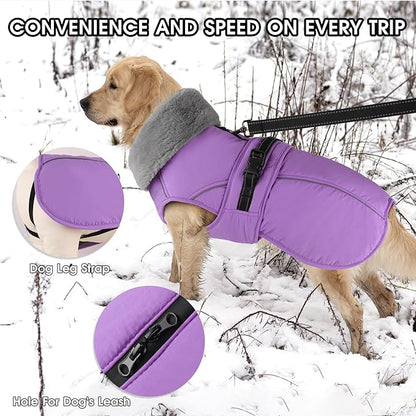 PETDSH Dog Coat Large, Windproof Dog Jacket with Warm Fleece Lining, Thickened Collar Dogs Winter Coat, Adjustable Reflective Pet Coats for Cold Weather (Purple, XXX-Large)