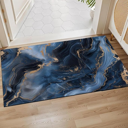 Marble Indoor Door Mat,Blue Gold Cracked Lines Floor Doormat,17x29.5in,Non Woven Non Slip Rubber Backing Abstract Marbles Rug for Porch Insider,Bedroom,Kitchen,Doormats Gifts,Rv Camper Decor