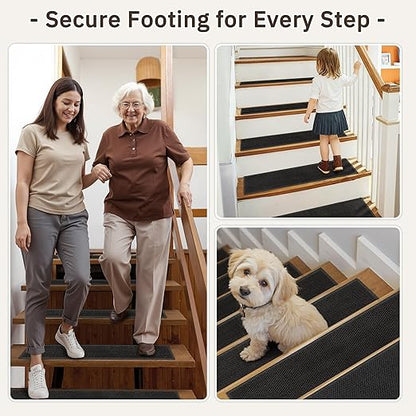 Stair Treads for Wooden Steps Indoor - 15 Pack 8" x 30" Non-Slip Carpet Stair Runners Washable Reusable Adhesive Indoor Stairs Tread Rug Stain Resistant Edging Staircase Mat for Kids and Pets Black