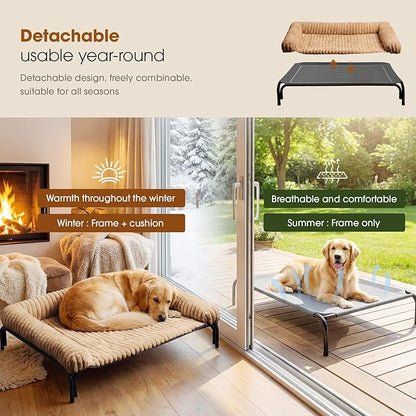 Elevated Dog Bed with Removable Bolster Cushion Mat, Raised Pet Cot for Extra Large Sized Dogs with Breathable & Washable Mesh, Indoor & Outdoor Pet Hammock with Skid-Resistant Feet.