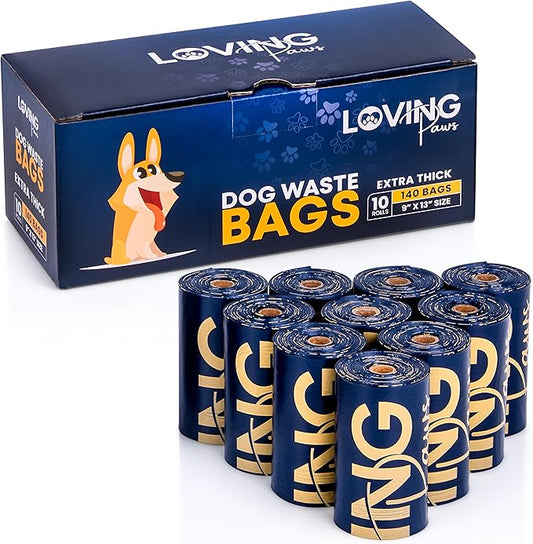 LOVING Paws Heavy Duty Dog Poop Bags Rolls (140 Count) – Extra Thick 9"x13" Leak-Proof Dog Waste Bags with Dispenser & Leash Clip – Unscented, Easy-Tear Refill Bags for All Breeds