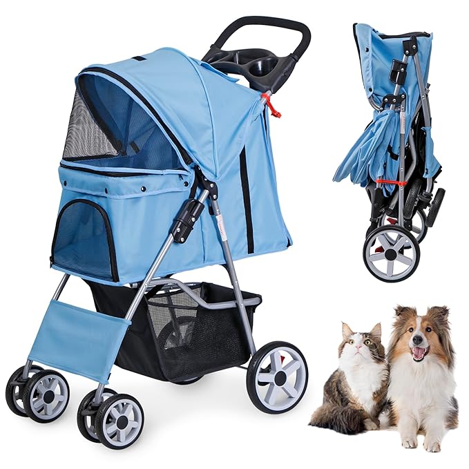 LEMY Pet Stroller,4 Wheels Dog Cat Stroller for Small Medium Dog Cats Carrier Jogger Travel Foldable Puppy with Storage Basket and Cup Holder(Blue)