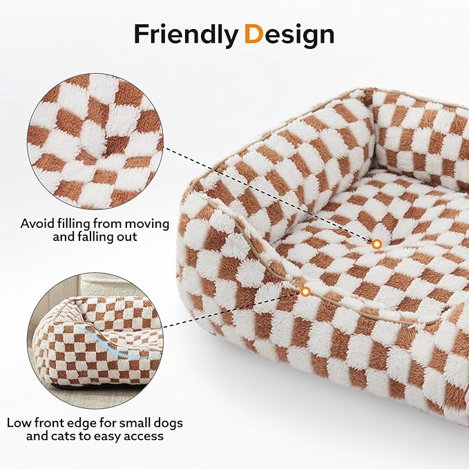 JOEJOY Dog Bed for Medium Small Dogs - Rectangle Orthopedic Dog Sofa Bed, Cute Modern Puppy Bed with Jacquard Shaggy Plush & Anti Slip Bottom, 25x21x8inches, Brown