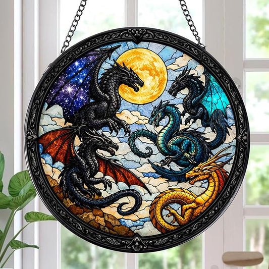 Stained Glass Window Hanging, 7.8″ Dragon Sun Catchers Art Decor Indoor Window, Decorative Suncatchers Hanging Ornaments Home Garden Birthday Gift for Men