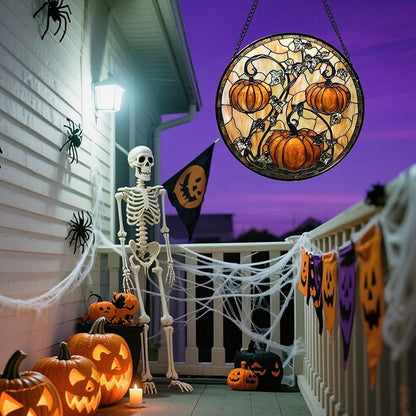Stained Glass Window Hanging - Halloween Decoration Orange Pumpkin Vine Leaves Suncatcher for Door Garden Spooky Sun Catchers Gothic Decor Horror Gifts for Women Men Friend Boy Girl 11.8 in