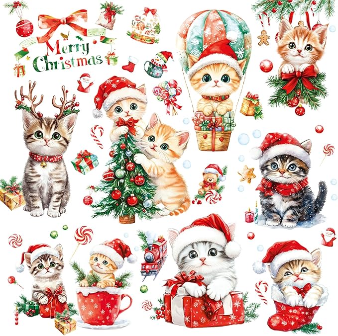 Christmas Window Clings Cat Stickers for Window Glass, 9 Sheets Xmas Decorations Cat Tree Bells Decals for Holiday Party(Cat2341)