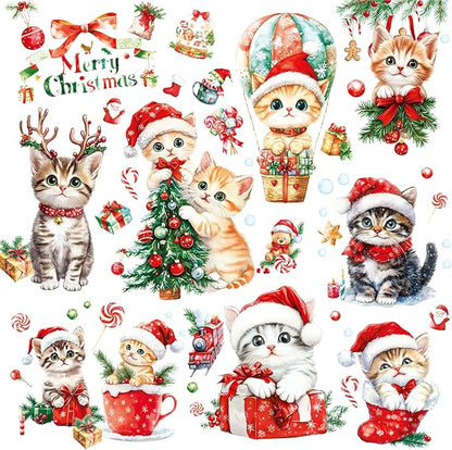 Christmas Window Clings Cat Stickers for Window Glass, 9 Sheets Xmas Decorations Cat Tree Bells Decals for Holiday Party(Cat2341)
