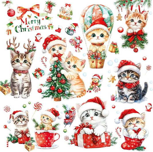 Christmas Window Clings Cat Stickers for Window Glass, 9 Sheets Xmas Decorations Cat Tree Bells Decals for Holiday Party(Cat2341)