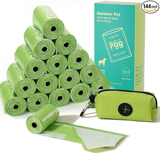 Gardner Pet Dog Poop Bags Rolls with Tissue, Pine Scented Poop Bags with Dispenser, Leak Proof Pet Waste Bags with Tissue Design, Reduce Touch Feeling, 18 Rolls-144 Counts