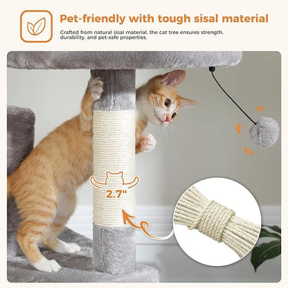 PAWZ Road Large Cat Tower, 70 Inches Tall Cat Tree with 2 Cozy Condos, 2 Plush Perch, Large Basket, 2 Scraching Pad & 6 Scraching Posts for Indoor Cats Adult, Gray